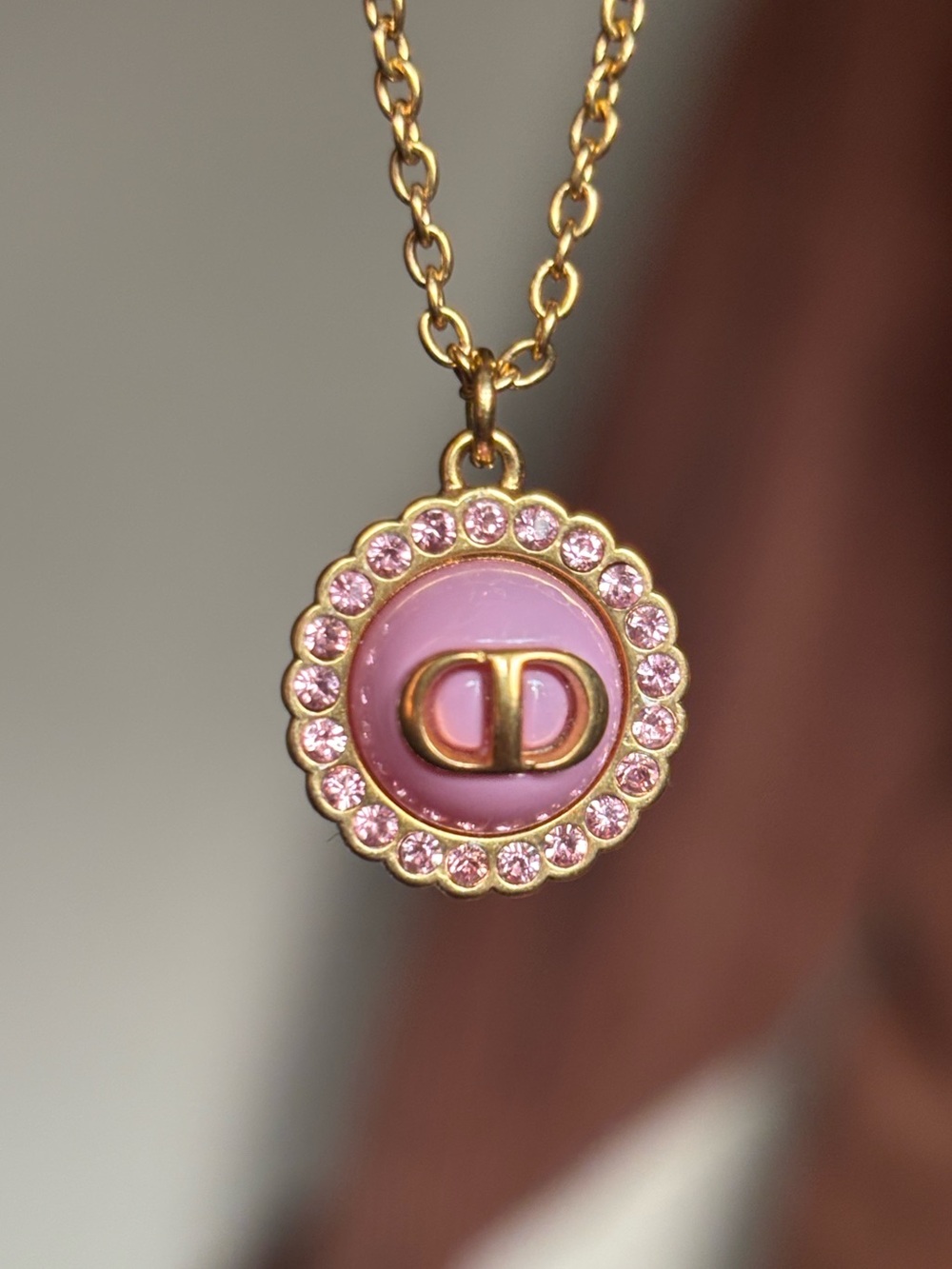 Christian Dior Metal Crystal Glass Petit CD Baroque Pendant Necklace Gold Pink